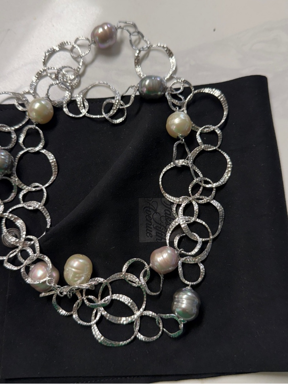 Hammered  Link Necklace with Multi-Tone Pearls